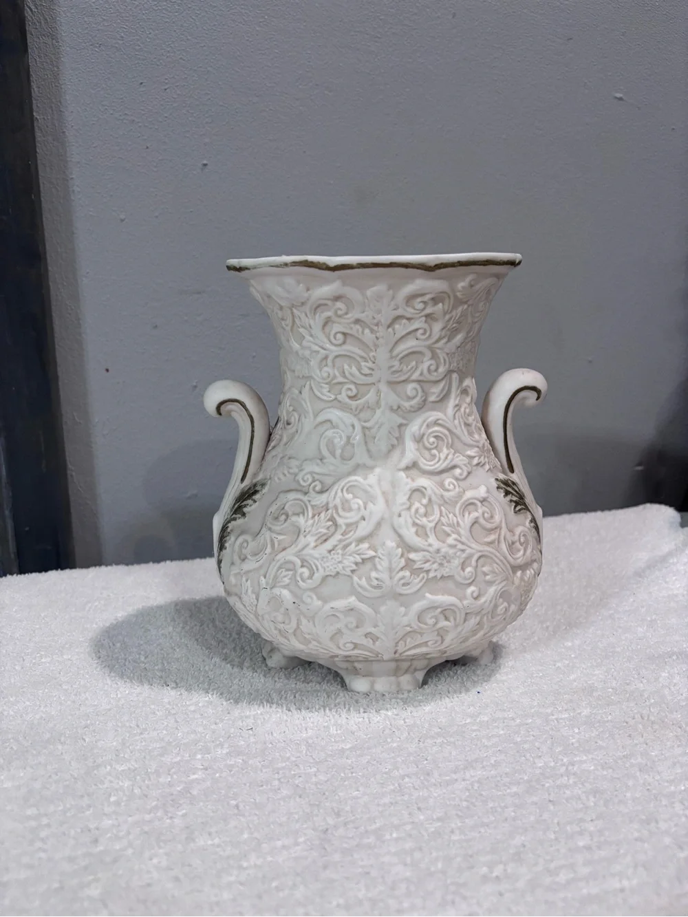 Vintage Ornate White Porcelain Urn Vase with Pink Floral Applique